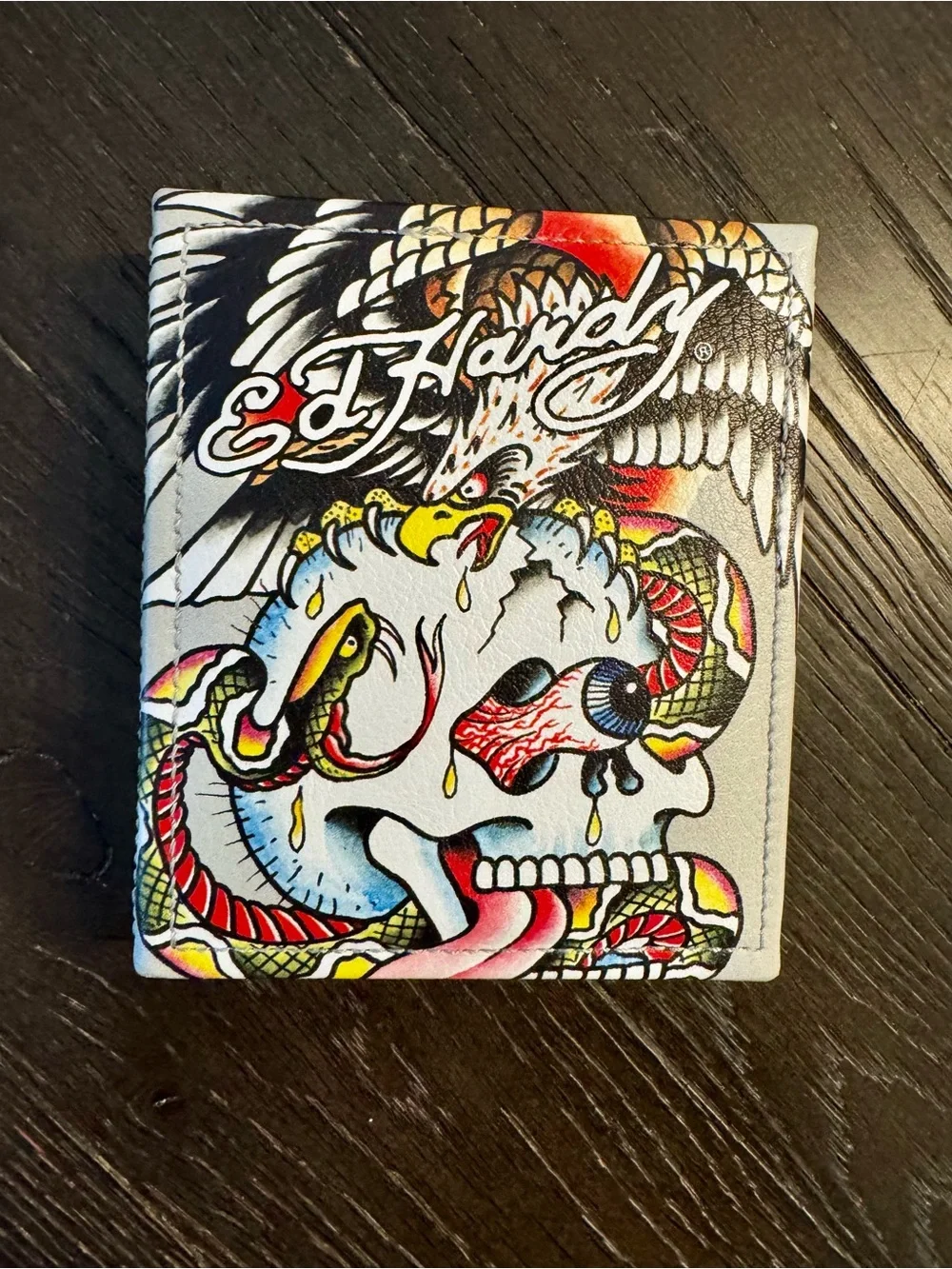 Ed Hardy Men’s Bifold Wallet & Valet Tray Set White. Rose & Skull. My True Love